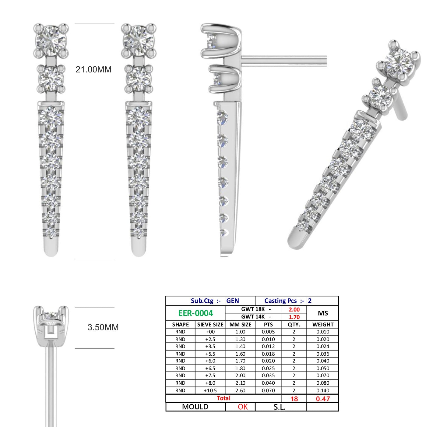 18k Gold Genuine Diamond Drop Bar Earrings - JN030609-ER15