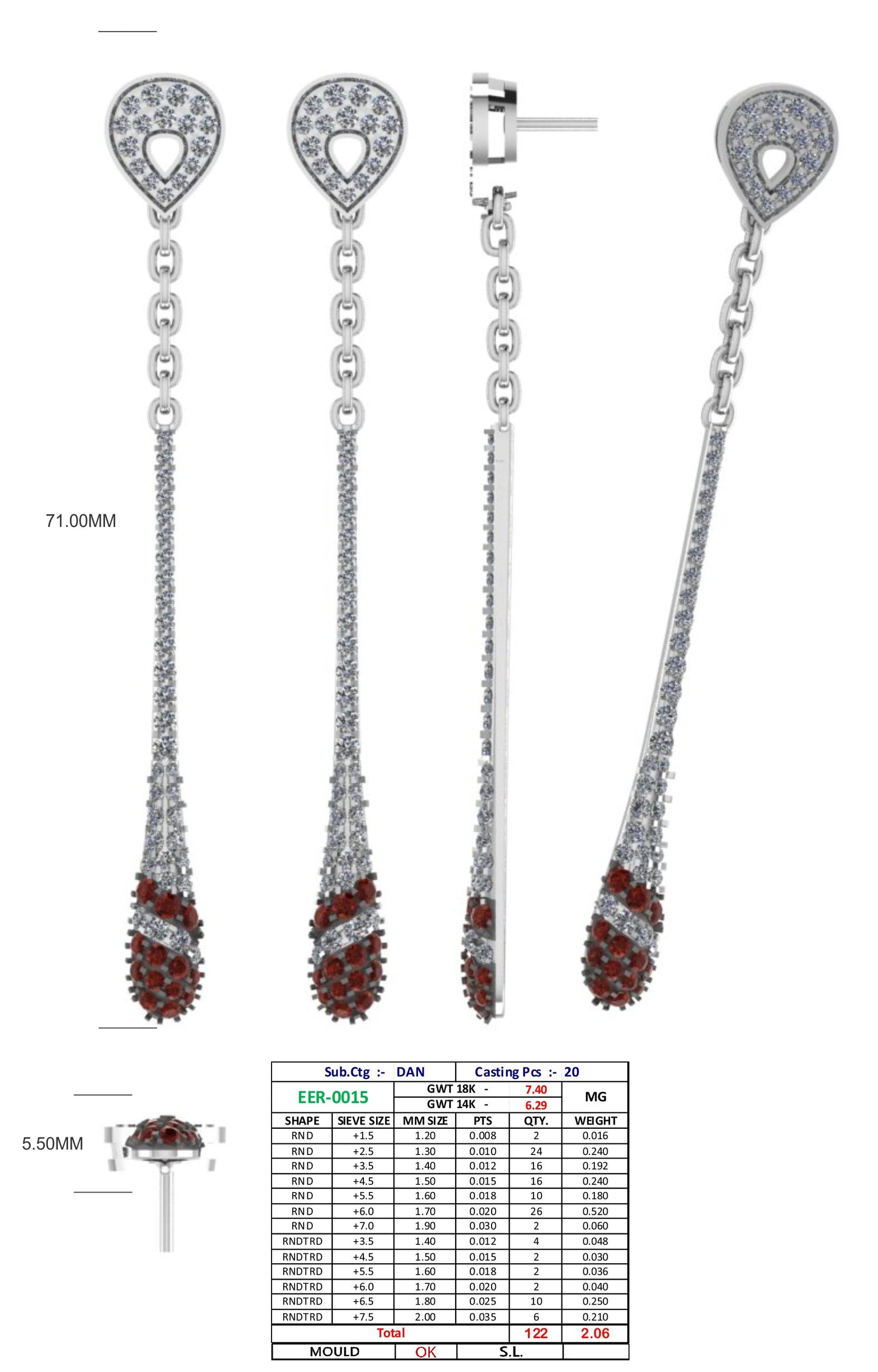 Gemstone with Diamond Stud Hanging with Chain Earring - JN030609-ER20