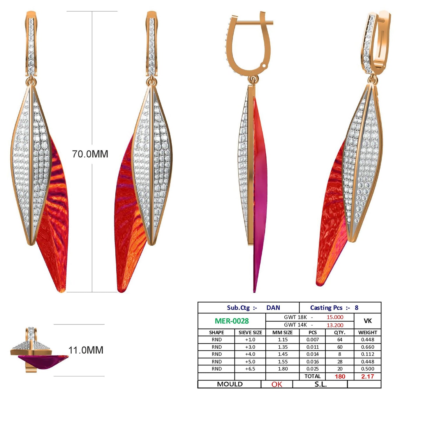 Elegant Diamond Stud Red Enamal Leaf Design Earring - JN030609-ER32