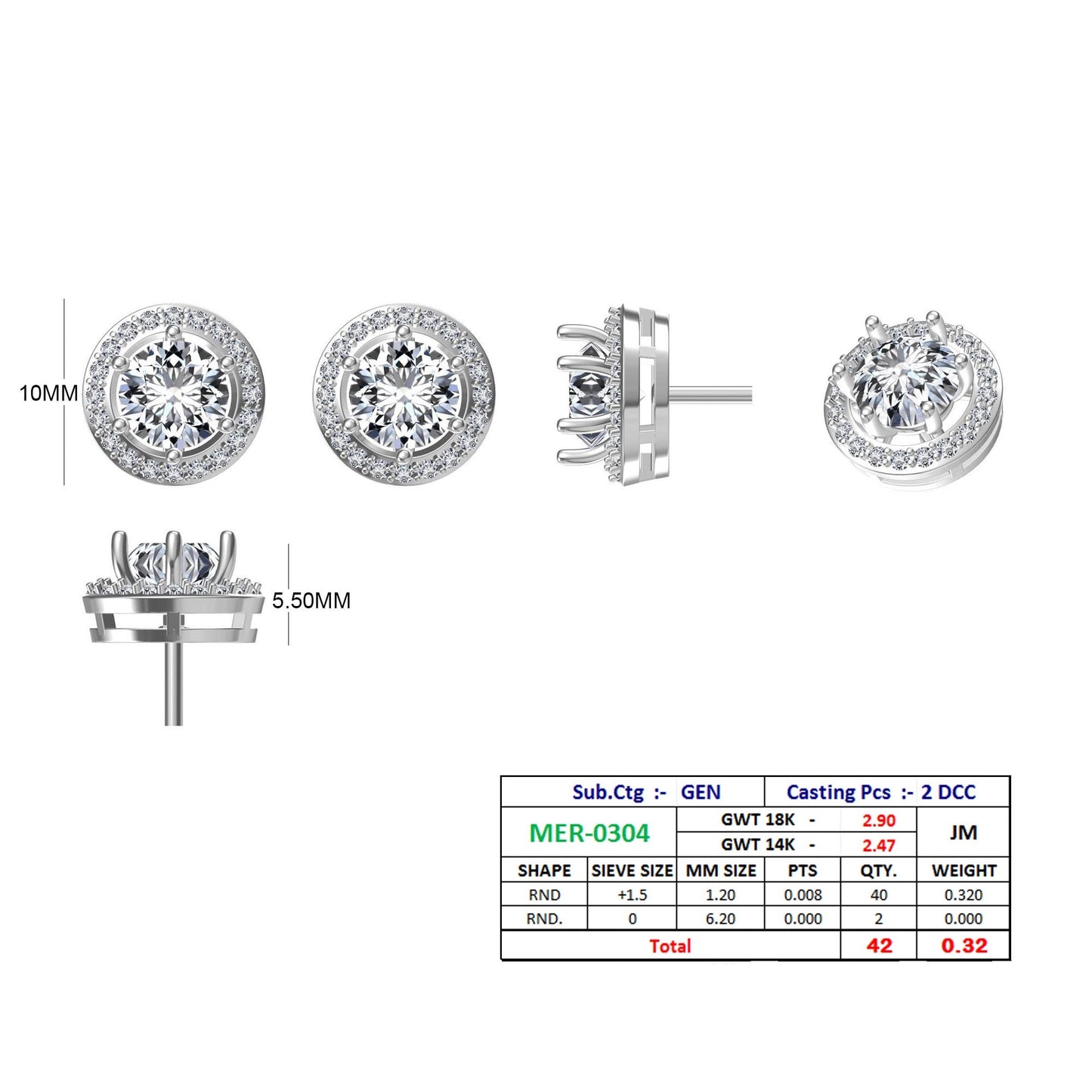 Solitaire Round Cut Diamond 18K Solid Gold Stud - JN030609-ER44