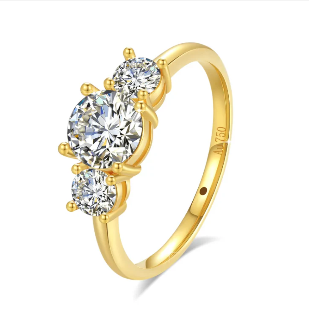 Luxury 3 Stud Diamond Ring Real 18K Gold 5d Hollow 2 Carat Moissanite Diamond in Centre & 2x 0.3ct Side Studs Ring -  JN030609-S1-R01