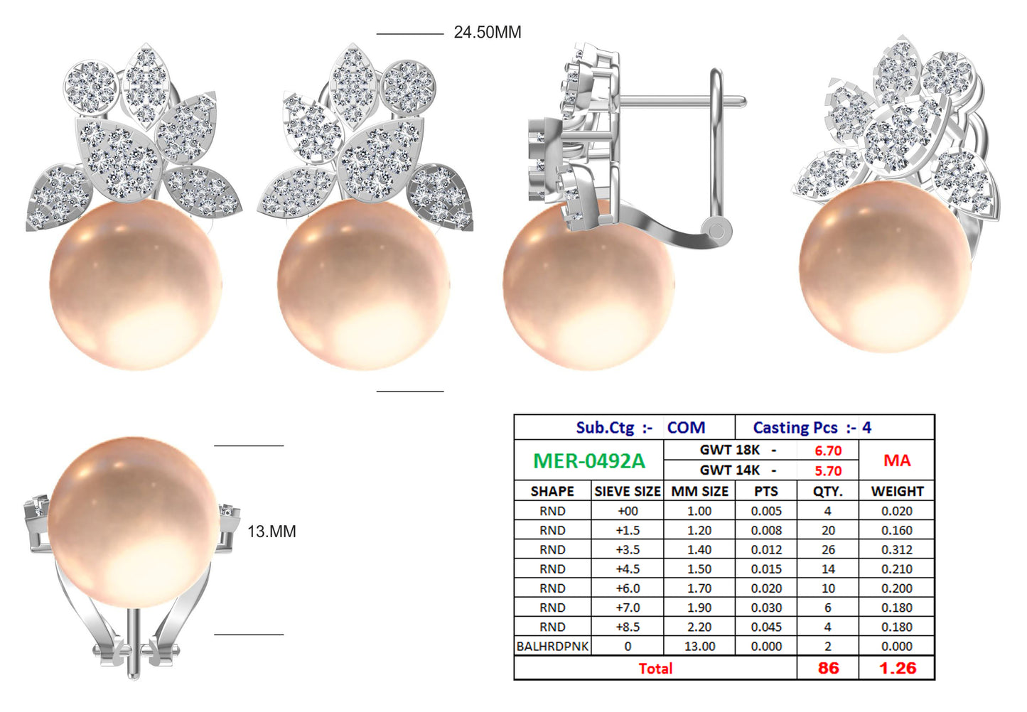 Natural Pearl and Diamond Wedding Earrings - JN030609-ER47